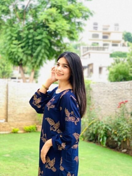 2 Pcs Women’s Stitched Linen Printed Shirt And Trouser – Navy Blue