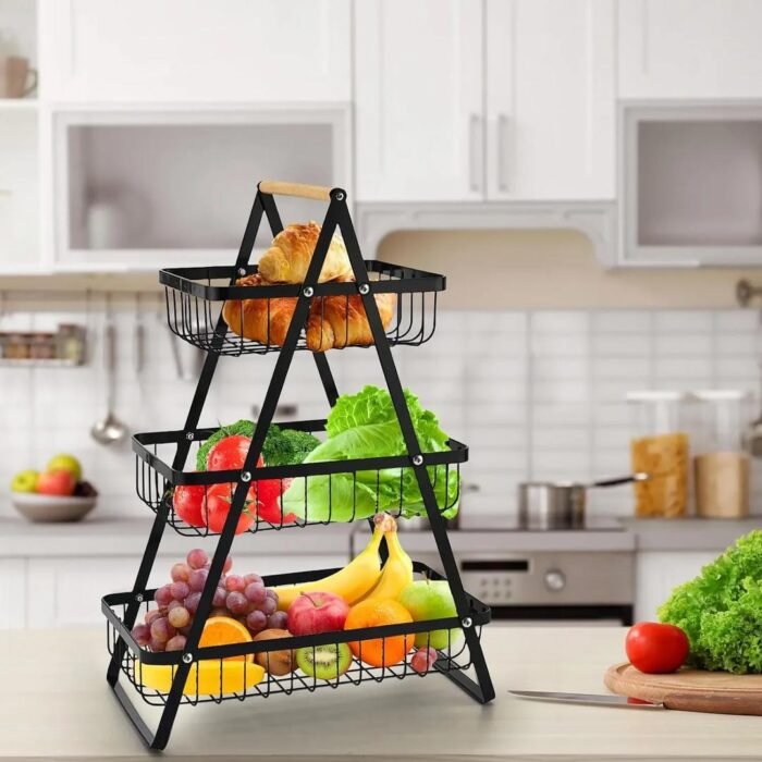 3-Tier Metal Fruit Basket Stand | Black Steel Storage Organizer for Kitchen