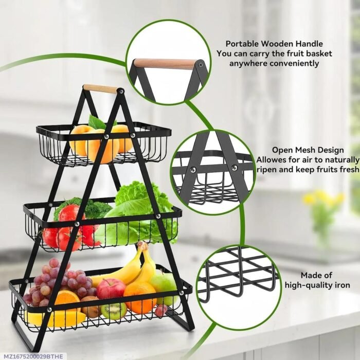 3-Tier Metal Fruit Basket Stand | Black Steel Storage Organizer for Kitchen
